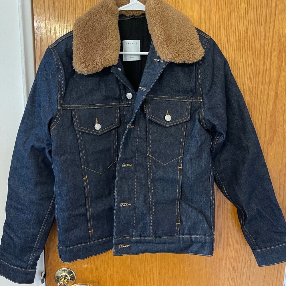 Sandro Shearling Dark Denim Jean Jacket A1B